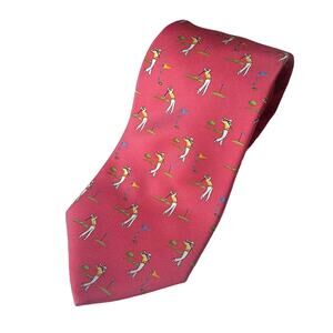 Vintage Brooks Brothers Makers Silk Tie USA Coral Golf Golfers Print Necktie